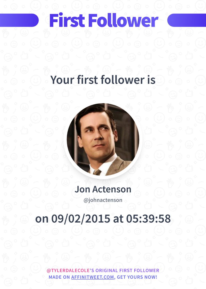 AquaPupsTyler's tweet photo. ✨ First Follower 

I just discovered my first follower on Twitter, it's johnactenson and they followed me on 09/02/2015 at 05:39:58!
Who's your first follower?

➡️ https://t.co/5Y9K78tiEs https://t.co/4qw3crYxPF