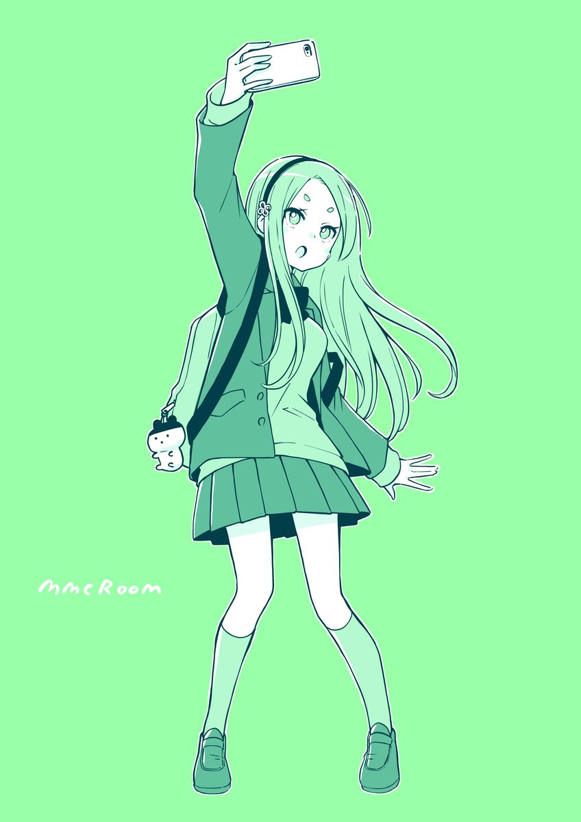 1girl long hair skirt solo school uniform phone green background  illustration images