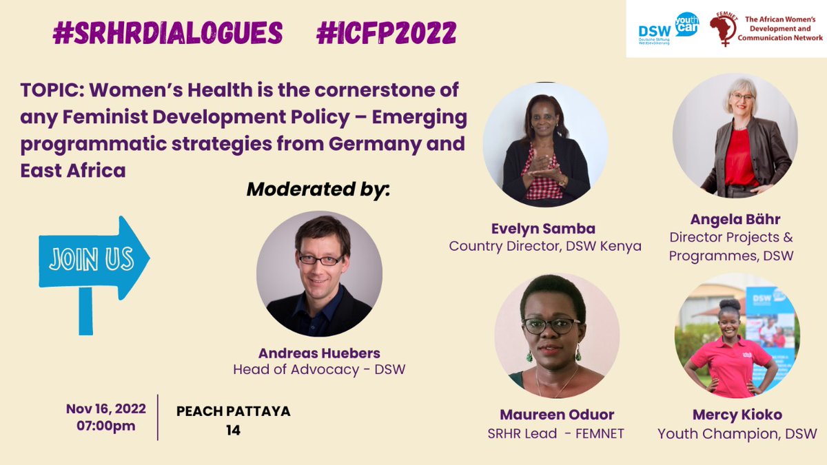 YSW_Kenya's tweet photo. Join us, @dsw_intl  and @FemnetProg for a session: Women's Health is the Cornerstone of any Feminist Development Policy from 7:00PM - 8:00PM at Peach Pattaya 14.
#SRHRDialogues #ICFP2020 #icfp22 https://t.co/OHRFg2XyUW