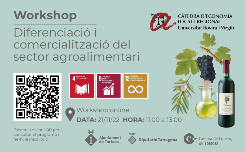 CATEDRAECOCTE's tweet photo. Us convidem a participar al Workshop  Diferenciació i comercialització del sector agroalimentari, previst pel proper dilluns 21 de novembre, d’11 a 13 hores, en format online amb MS Teams.
Informació i inscripcions a https://t.co/3M50LbAYdO
@cambratortosa @Dipta_cat @Tortosa https://t.co/FeayY6uAmN