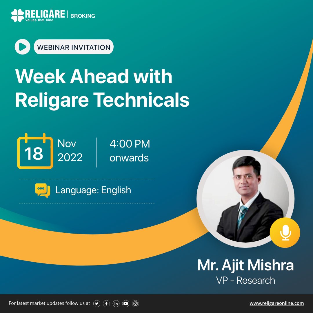 religareonline's tweet photo. Register https://t.co/9UACNCG0xt
Free Live Webinar on "Week Ahead with Religare Technicals" from our expert “ Mr. Ajit Mishra –VP Research” on November 18th, 2022 from 04:00 PM onwards.
#religarebrokingltd #researchexperts #stockmarket #freelivewebinar #weeklyopportunities https://t.co/Yp0UcZ2mxn