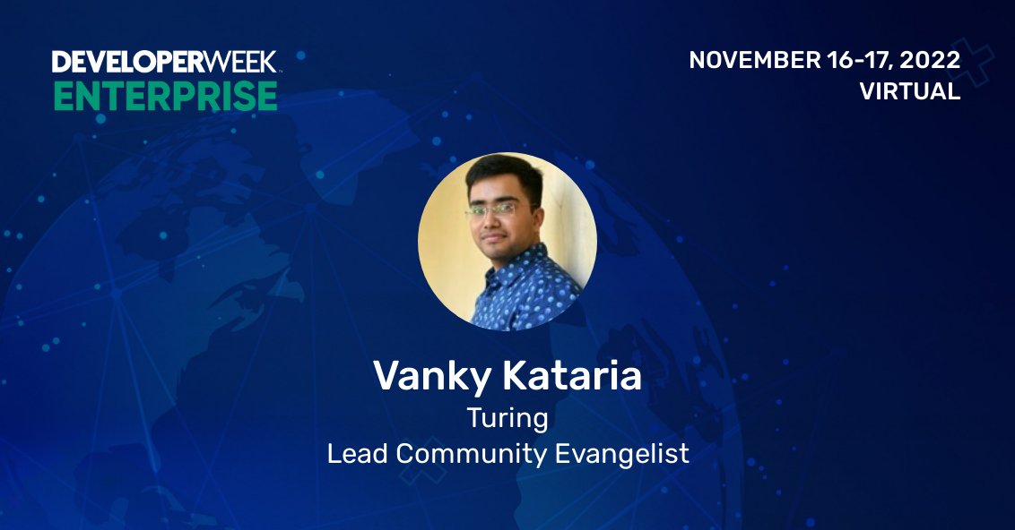 turingcomdev's tweet photo. To get tips on how #developers can build and cultivate strong #softskills, join Vanky Kenny Kataria at @DeveloperWeek  Enterprise 2022.
📅Nov 17 2022
🎟️Get your pass: https://t.co/QVIXxuAMLS
#DeveloperWeek https://t.co/H0QqoI2JD6