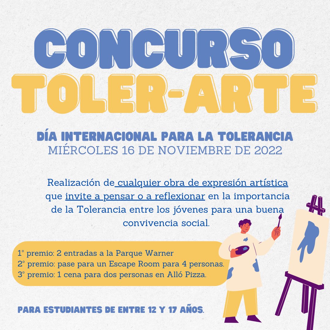 RedMadTolerante's tweet photo. Hoy en el #diainternacionalparalatolerancia nos complace hacer el lanzamiento de nuestro CONCURSO TOLER-ARTE, arte como herramienta para incentivar la tolerancia dirigido a jóvenes de la comunidad de Madrid🥳🥳🥳. https://t.co/EDvT0a3pJf https://t.co/ThYRWrKvNv