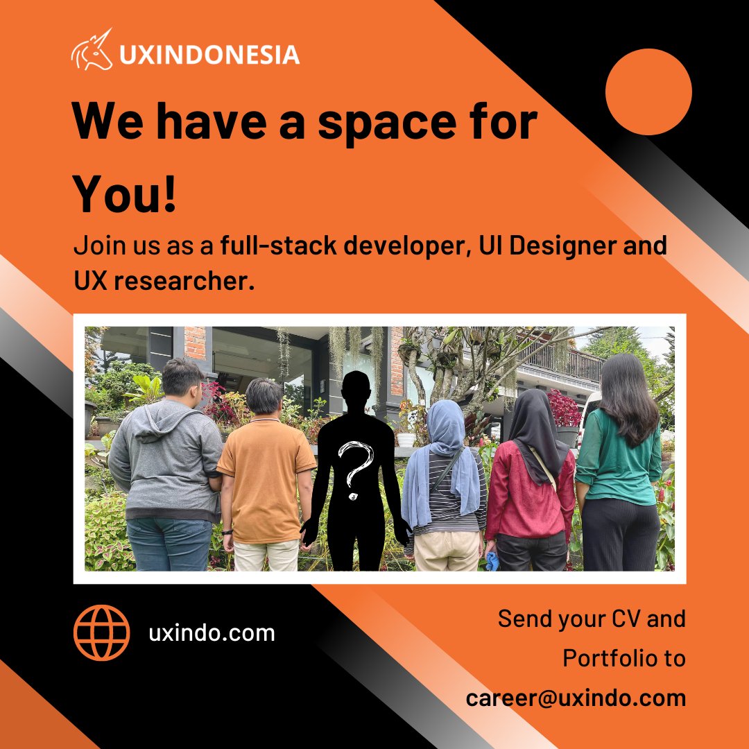 As you can see, there is a space waiting for you at UX Indonesia.

Join us as a full-stack developer, UI Designer and UX researcher.

Send your CV and Portfolio to career@uxindo.com

#uxindo #cxinsight#jobad
