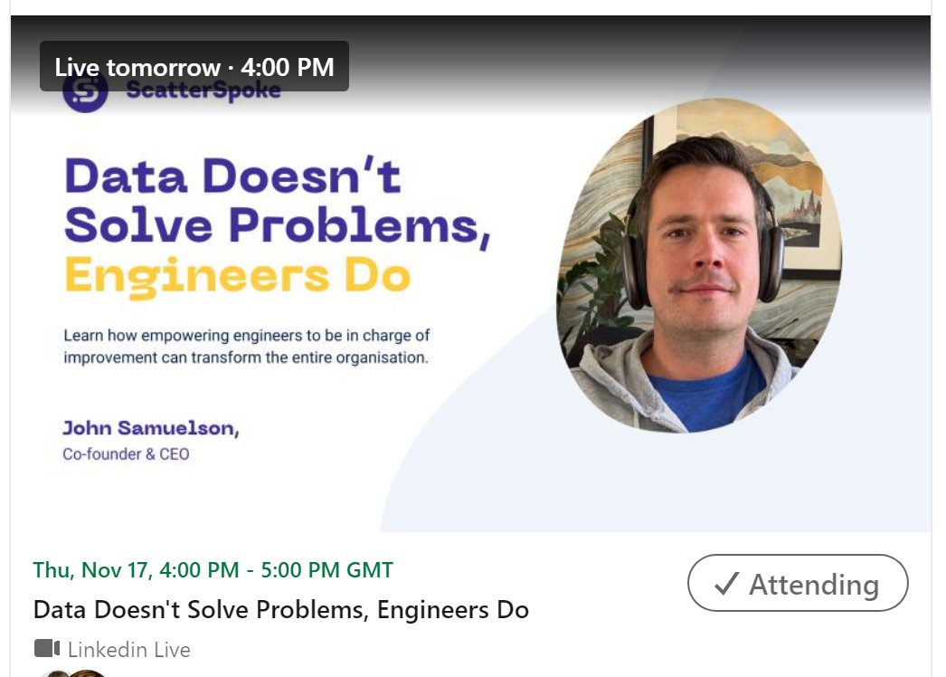 Join us tomorrow to talk about engineer &amp; developer empowerment

and how it has the power to transform your entire organisation 📣

linkedin.com/video/event/ur…

#engineering #developer #improvement #retrospective