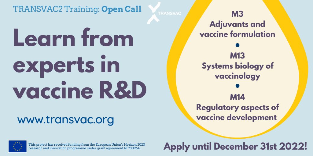 Keen on furthering your skills in vaccine R&amp;D?💥Get FREE training from experts in the field on: 
🔹M3 #Adjuvants &amp; vaccine formulation
🔹M13 #SystemsBiology of vaccinology
🔹M14 #Regulatory aspects of vaccine R&amp;D

✍🏻Apply for #TRANSVAC2 courses by 31 Dec ➡transvac.org/transvac2