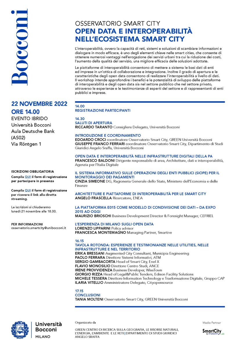 22.11.22 parleremo di #opendata e #interoperabilità nelle #smartcities alla <a href="/Unibocconi/">Università Bocconi</a>