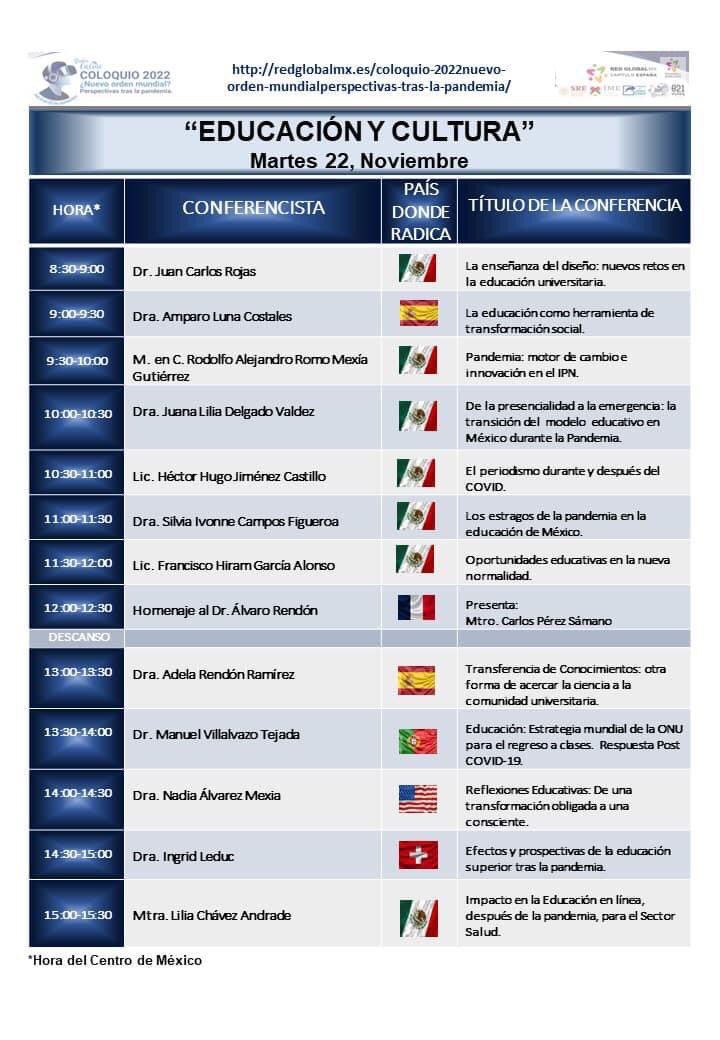 Programa 22 de noviembre
#ColoquioRGMX2022 
Educación y Cultura
¿𝗡𝘂𝗲𝘃𝗼 𝗼𝗿𝗱𝗲𝗻 𝗺𝘂𝗻𝗱𝗶𝗮𝗹?
𝗣𝗲𝗿𝘀𝗽𝗲𝗰𝘁𝗶𝘃𝗮𝘀 𝘁𝗿𝗮𝘀 𝗹𝗮 𝗽𝗮𝗻𝗱𝗲𝗺𝗶𝗮
¿ℍ𝕒𝕔i𝕒 𝕕ó𝕟𝕕𝕖 𝕟𝕠𝕤 𝕕𝕚𝕣𝕚𝕘𝕚𝕞𝕠𝕤?
🕵🏻👩🏽‍🏫👩🏻‍💼👨🏻‍💼
🔸Inscríbete: 
docs.google.com/forms/d/e/1FAI…