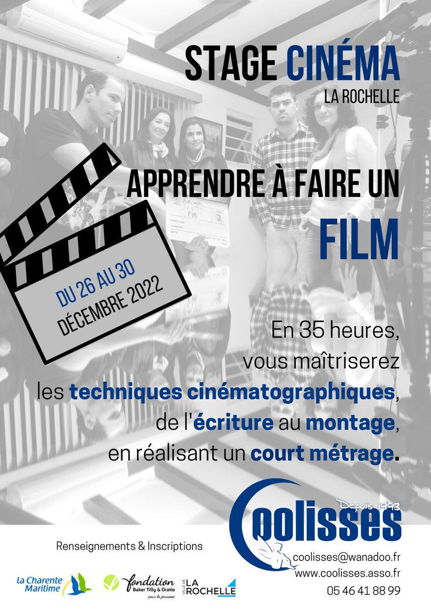 Coolisses's tweet photo. Coolisses ouvre ses inscriptions ! 🎉 
Le stage cinéma « Apprendre à faire un film » aura lieu du 26 au 30 décembre. 
Et on attend avec impatience les inscriptions des nouveaux talents du cinéma ! 🎬 
Alors tu viens ? 😎 #stage #cinema #larochelle https://t.co/Kaq4ZuvFlI