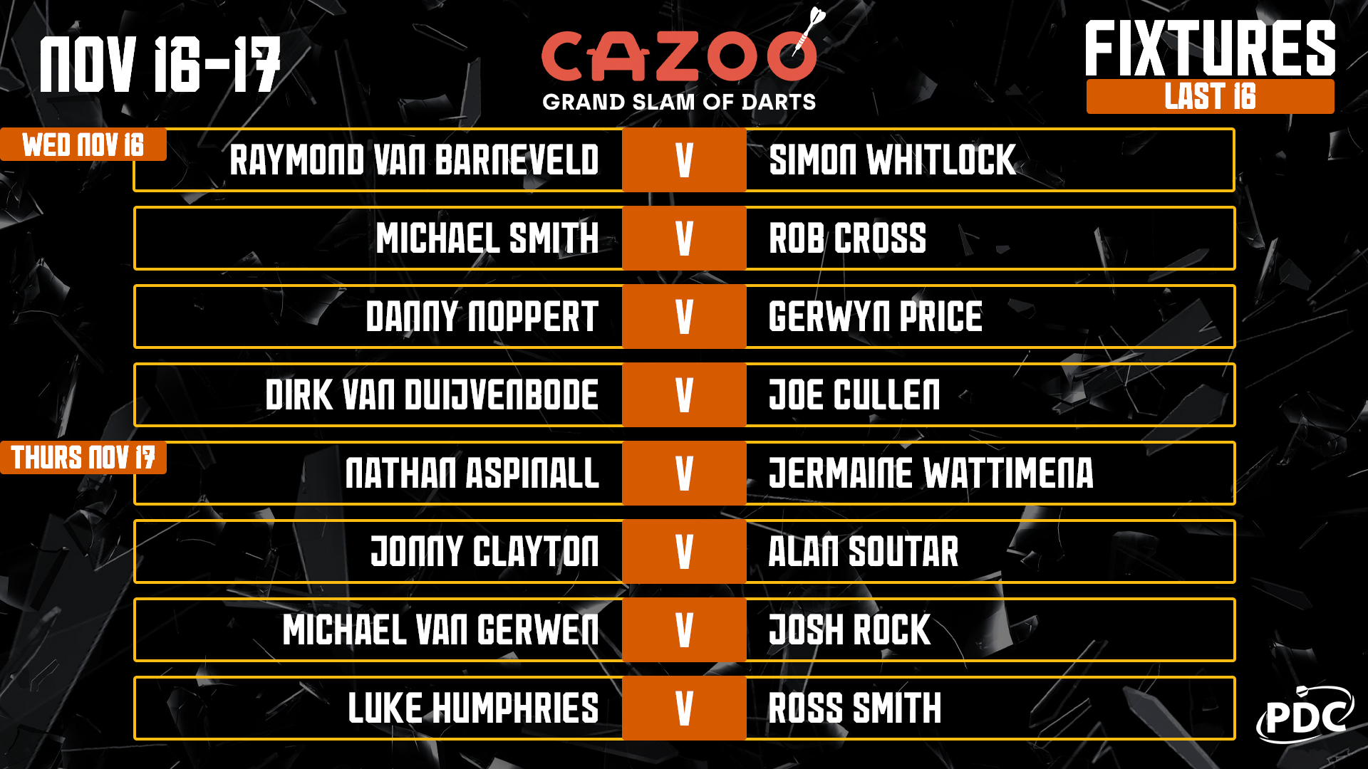 PDC Darts on X LAST 16 FIXTURES Eight brilliant ties as we reach the knockout stage of the 2022 CazooUK Grand Slam of Darts GSOD https t YyBPPwpkzG https t CD2i3z6t2Z X