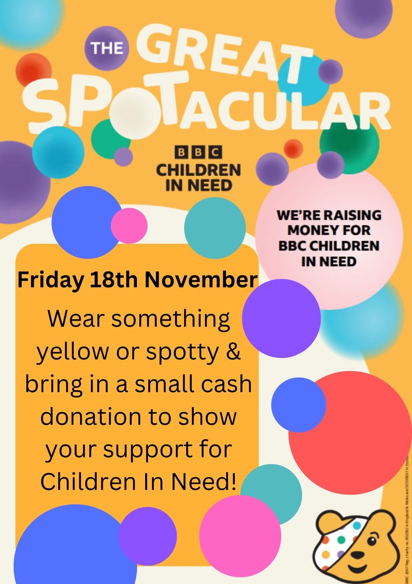 Don't forget we will be celebrating #ChildrenInNeed on Friday 18 November. Children & staff can wear something spotty & bring a voluntary money contribution. Children who have PE on Friday will need to wear trainers.