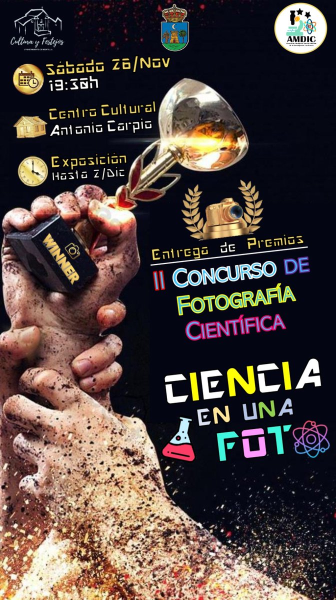 AmdicC's tweet photo. 🏆PREMIOS | El sábado 16/Nov. conoceremos l@s ganador@s de 'Ciencia en una Foto 2022' del @Ayto_Montilla y @AmdicC.
Os esperamos:📍Centro Cultural Antonio Carpio a las⏰19:30h.
Podrás disfrutar de las mejores fotos en exposición (18 Nov /2 Dic) #MontillahaceCiencia #Remontamos https://t.co/Kg7DCVNz4e