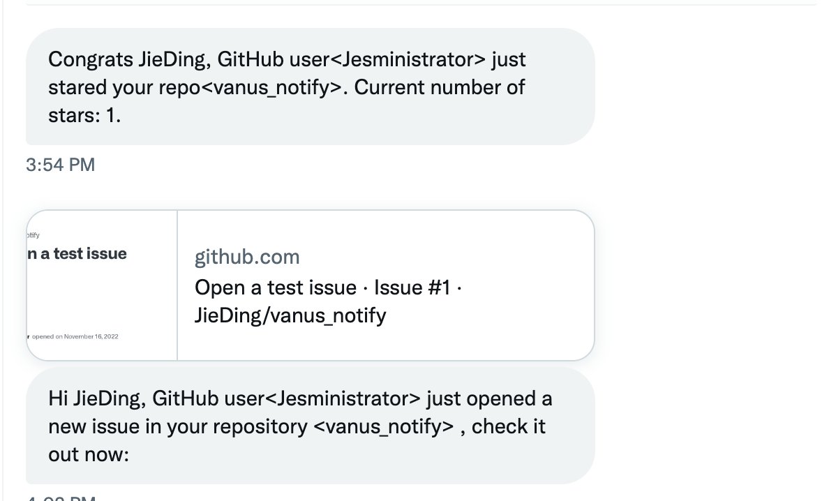 Hi folks, if you're done with receiving overwhelming emails from GitHub repos and missing important ones, try @Vanus_dev <a href="/VanusNotify/">Mr W</a> . It allows you to receive GitHub event notifications in your twitter account without a sing-line code.#programming #k8s #Kubernetes #OpenSource