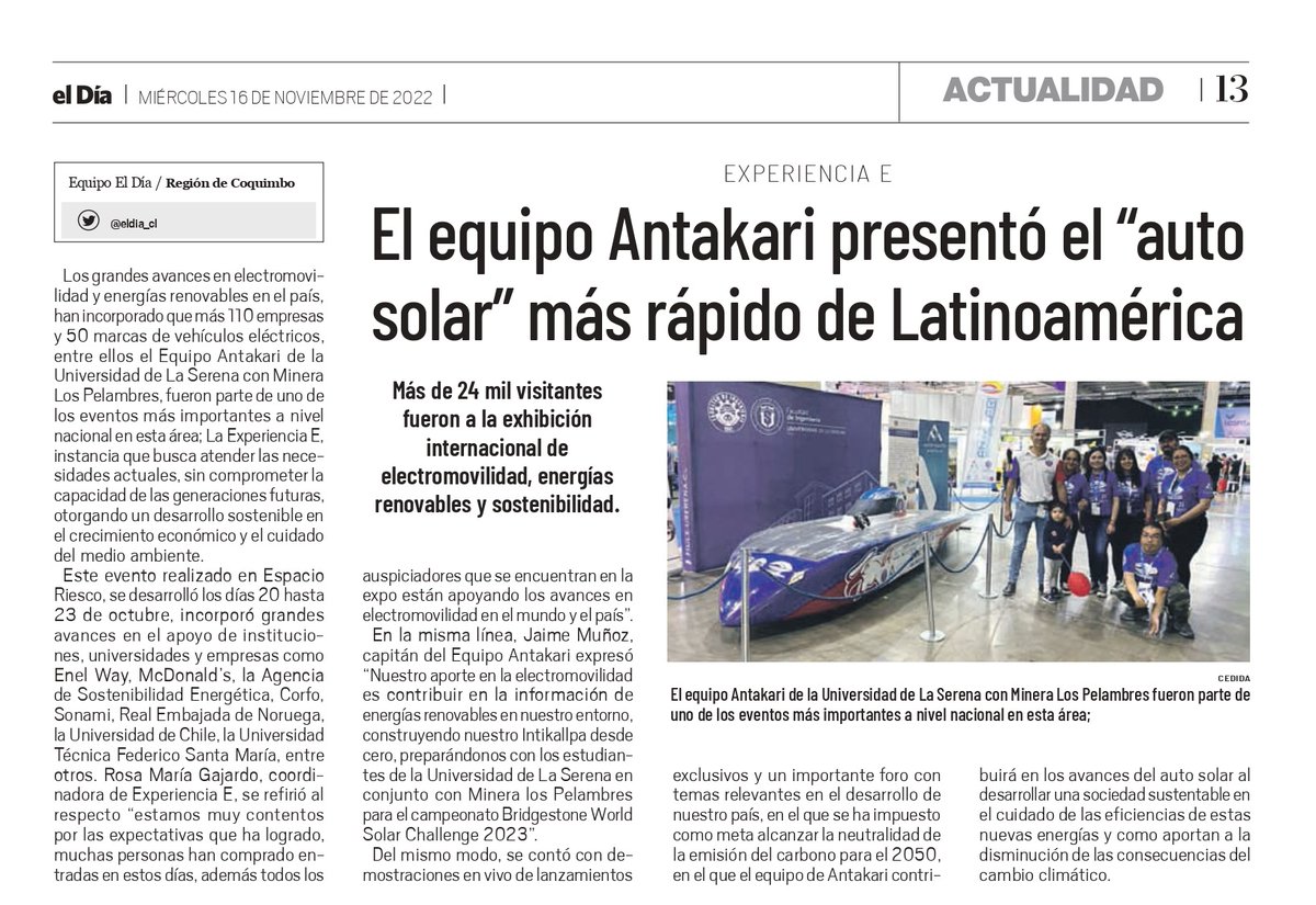 userena's tweet photo. 📱🗞️#ULSenLosMedios: Nota de @eldia_cl sobre la participación del equipo @AntakariSolar y el auto solar #Intikallpa #ULS en la exhibición internacional @ExperienciaE1

@ingenieriauls https://t.co/8IWSdEUG1z