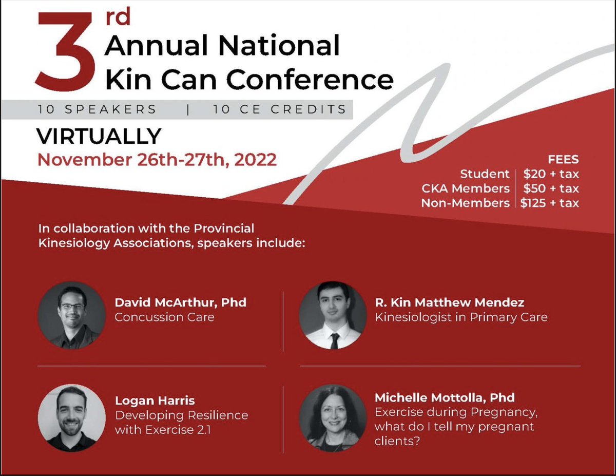 Join us on November 26th &amp; 27th, 2022 at the 3rd National virtual kinesiology event Kin Can Conference!
For all the details on the speakers, visit cka.ca/en/kin-can-con… 
Participants can earn the most continuing education credits in a single event!
SUBSCRIPTION CODE: 2022CKA