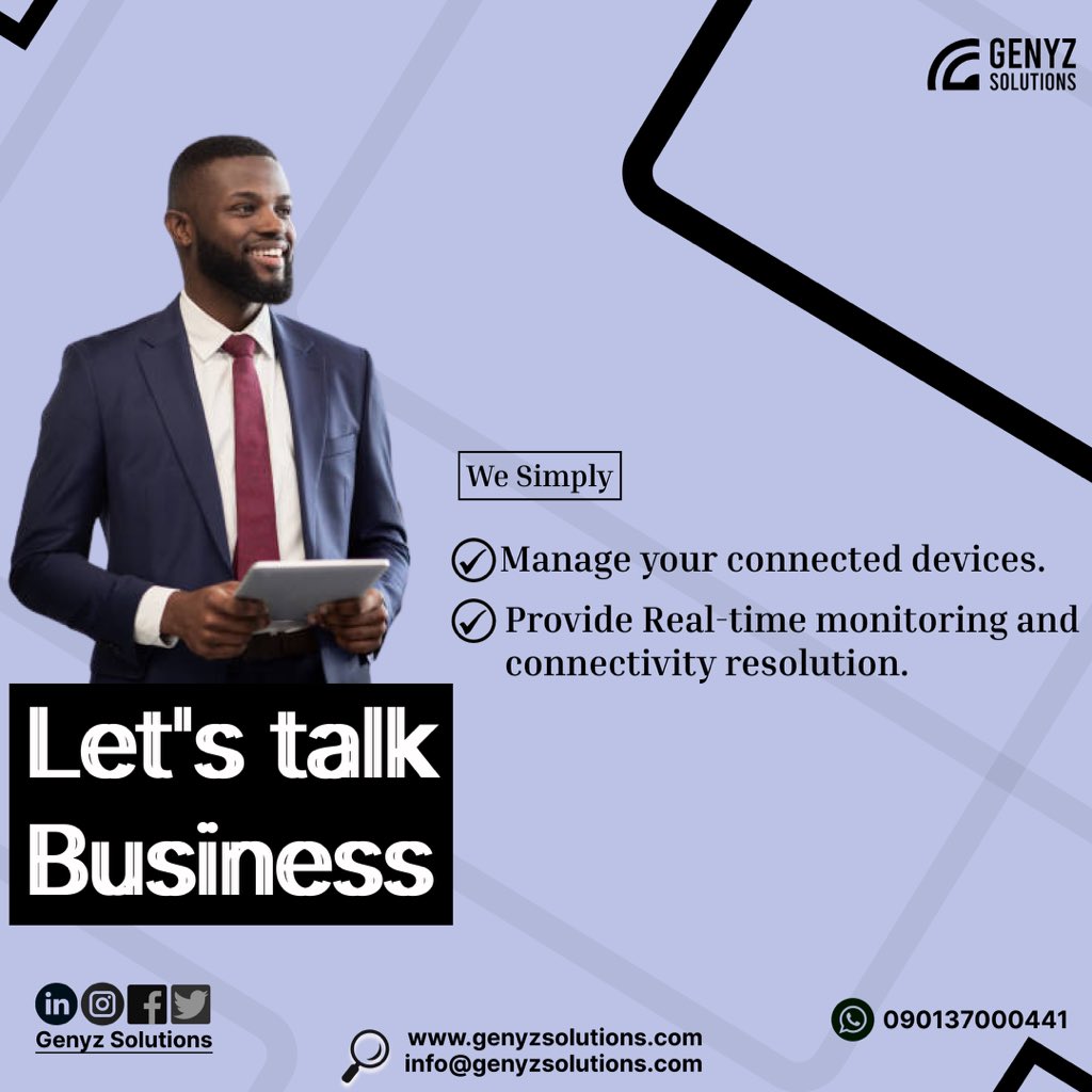 GenyzT's tweet photo. Let's talk business. Genyz is here to help you manage your connected devices, making it easy for your team to take care of large fleets of devices. 

Our platform also provides additional services such as Real-time monitoring, activation, termination, and many more.

#roamingsims https://t.co/mJ7g4VAWhu
