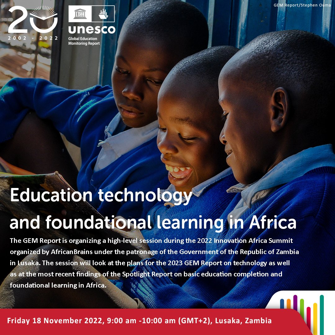 StipanovicLaura's tweet photo. The @GEMReport is organizing a session during @InnovationAfric 2022 in Lusaka to discuss the recent findings from our #SpotlightReport on basic education completion and foundational learning in #Africa and our plans for our #2023GEMReport on technology.
https://t.co/EbjQ9XzivW https://t.co/JwbFOyYmnz