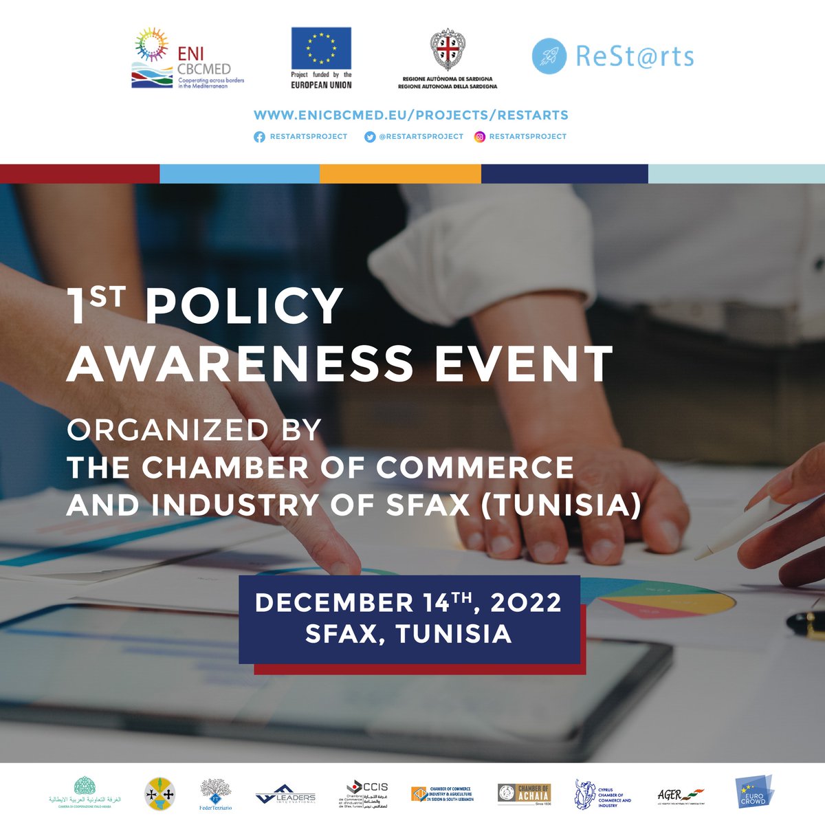 Il primo Policy Awareness evento del progetto <a href="/Restartsproject/">ReSt@rts</a> 
📣L'evento creerà un momento di scambio tra i partner, i rappresentanti della rete ReSt@rts e i loro stakeholders, sancendo, inoltre, la nascita di un comitato di cooperazione transfrontaliera sul Mediterraneo