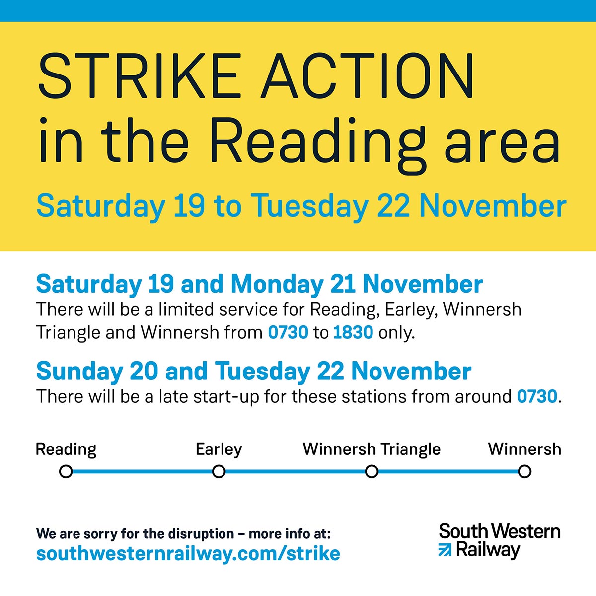⚠️ Due to strike action, customers for Reading, Earley, Winnersh Triangle, and Winnersh should check before they travel and expect disruption from 19 to 22 November.

Sat 19 &amp; Mon 21: Services 0730 - 1830 only
Sun 20 &amp; Tue 22: Late start-up from ~0730

ℹ️: bit.ly/37Lju3B