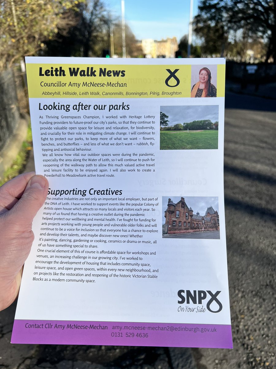 Pablodelmar's tweet photo. Out with our Will from @LeithWalkSNP on this beautiful morning in #Broughton #Canonmills #Bonnington

Delivering our local Cllr @AMcNeeseMechan new residents newsletter featuring @EdinburghSNP help for #creatives at the new #PowderhallArtistsStudios 

 #DeliveringForEdinburgh https://t.co/O7pvW2gsqM