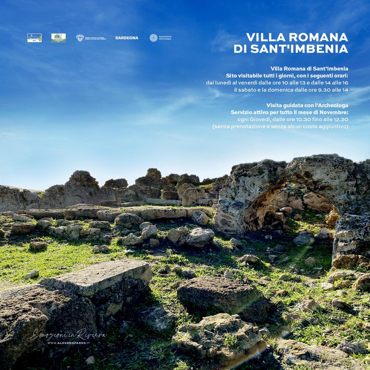 La Villa Romana di Sant’Imbenia è visitabile tutti i giorni con i seguenti orari di apertura:
dal lunedì al venerdì dalle ore 10 alle 13 e dalle 14 alle 16, il sabato e la domenica dalle ore 9.30 alle 14

Attivo il servizio di Visita guidata con l'Archeologa!
#parcodiportoconte