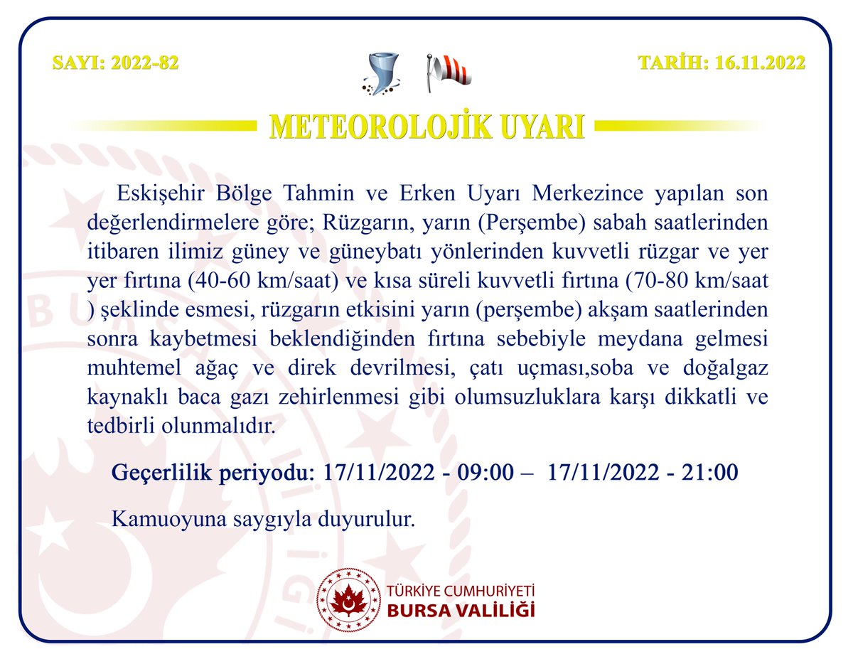 ⚠️⚠️
🟡Sarı Uyarı!!!
Meteorolojik Uyarı (2022-82)