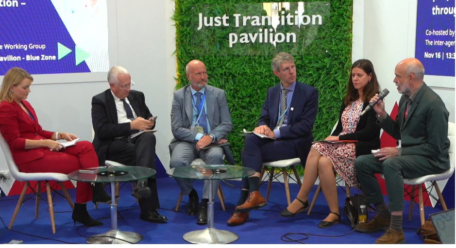 BeatricediPadua's tweet photo. #JusTtransition needs #SocialProtection systems built thorugh social dialogue - or it won't happen. @BertDeWel at the ILO Just Transition pavillion at #COP27 https://t.co/JvEXckUYwe
