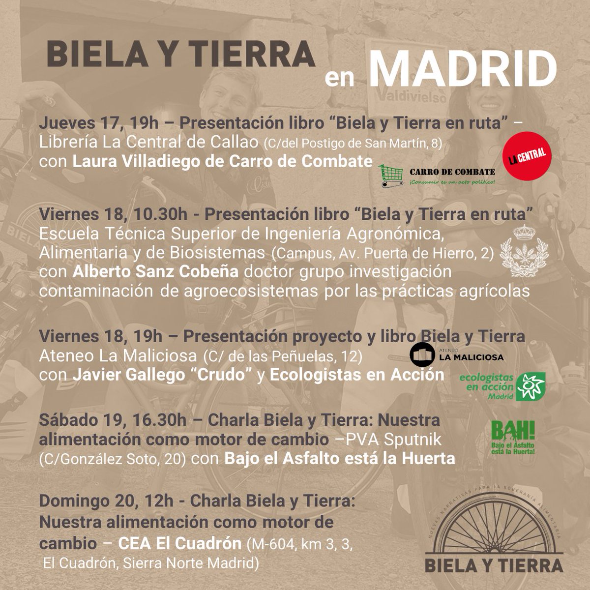 🙌#BielayTierra vamos a #Madrid🚲🌎 Para presentar #BielayTierraEnRuta📖 con gentes de lujo <a href="/Carrocombate/">Carro de combate</a> <a href="/lauravilladiego/">Laura Villadiego</a> <a href="/carnecrudaradio/">Javier Gallego Crudo</a> <a href="/etsiaab/">ETSIAAB / #AlimentaElFuturo</a> <a href="/AteneoMaliciosa/">La Maliciosa</a>  <a href="/EeAmadrid/">Ecologistas Madrid</a> #BajoelAsfaltoestálaHuerta <a href="/EACSierraNorte/">CEA Valle del Lozoya (El Cuadrón)</a> <a href="/La_Central_/">La Central</a>  #mundoruralvivo #soberaníaalimentaria ¡Venid!