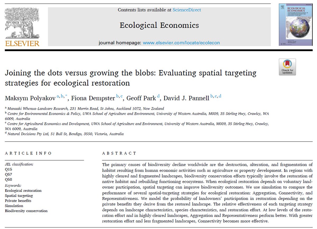 #NewPaperAlert #Econtwitter

'Joining the dots versus growing the blobs: Evaluating spatial targeting strategies for ecological restoration'
in #EcologicalEconomics joint with @FG_piccadilly @GeoffParkNature @dpannell66 

🔗doi.org/10.1016/j.ecol…

A thread/graphic novel 1/13