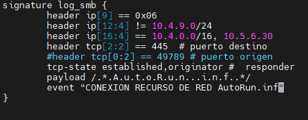seguridadyredes's tweet photo. #Zeek_IDS #Zeekurity signatures payload 

signature log_smb {
        ......
        header tcp[2:2] == 445  # puerto destino
        tcp-state established,originator #  responder
        payload /.*.A.u.t.o.R.u.n...i.n.f..*/
        event "CONEXION RECURSO DE RED AutoRun.inf"
} https://t.co/QNI85ehOZP