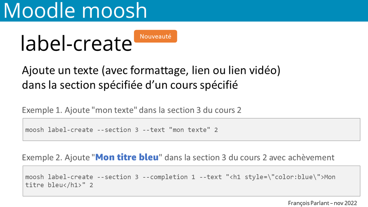 #Moodle #moosh
Nouvelle commande: LABEL-CREATE idéal pour intégrer de nombreuses vidéos dans un cours 😉
<a href="/ANSTIAofficiel/">ANSTIAofficiel</a>