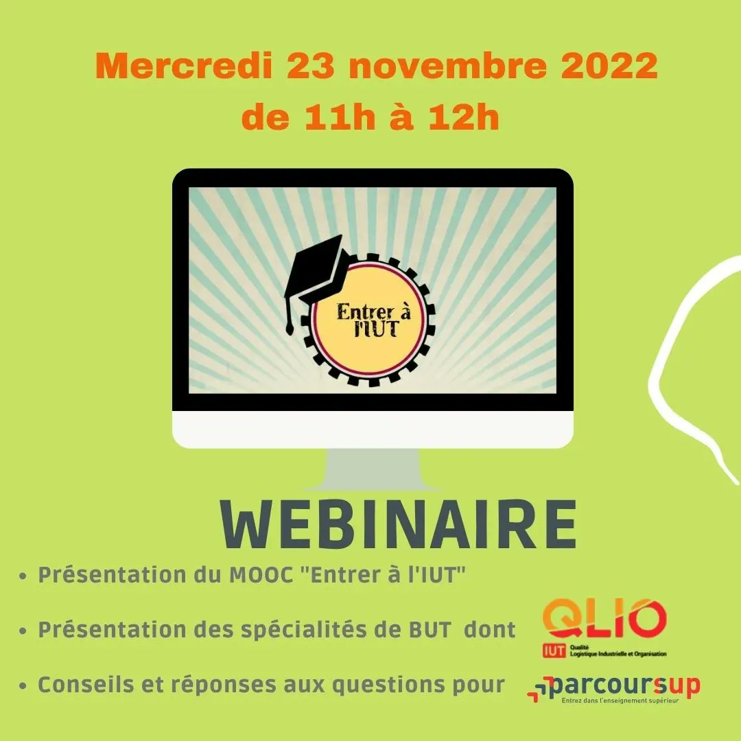 Un webinaire 'Entrer à l'IUT' est organisé: 🗓️ Mercredi 23 novembre de 11h à 12h 🎯 pour répondre à tes questions sur le BUT et les #IUT Des infos sur les BUT dont #QLIO Et aussi comment booster ton dossier #parcoursup a Participer à ce webinaire: …drinedelacroixmorvan.clickmeeting.com/11h-entrer-a-l…