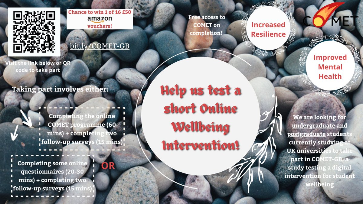 We’re still looking for #undergraduate and #postgraduate #students based at UK universities to take part in our #mentalwellbeingintervention! Just click here ➡️ bit.ly/COMET-GB

Please RT! #AcademicTwitter #AcademicChatter #PhDLife