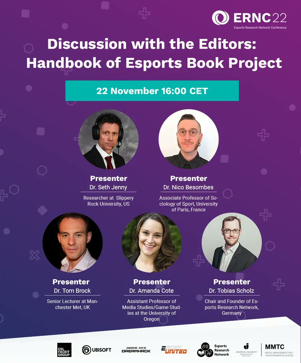 Esports Research Network Conference 2022 (@ern_conference) on Twitter photo Why is #esports research important? Nico <a href="/NicoBesombes/">Nico Besombes 🦋</a>, Tom @TGJBrock, Seth <a href="/DrSethJenny/">Seth Jenny</a>, Amanda <a href="/accote/">Amanda Cote</a>, & Tobias <a href="/t0bs3n/">Tobias M. Scholz</a> will discuss this and as Editors outline their plans for the 'Handbook on Esports Research' at ERNC22 live on Twitch 22nd Nov 16:00 (CET). #GGFORALL Why is #esports research important? Nico <a href="/NicoBesombes/">Nico Besombes 🦋</a>, Tom @TGJBrock, Seth <a href="/DrSethJenny/">Seth Jenny</a>, Amanda <a href="/accote/">Amanda Cote</a>, & Tobias <a href="/t0bs3n/">Tobias M. Scholz</a> will discuss this and as Editors outline their plans for the 'Handbook on Esports Research' at ERNC22 live on Twitch 22nd Nov 16:00 (CET). #GGFORALL
