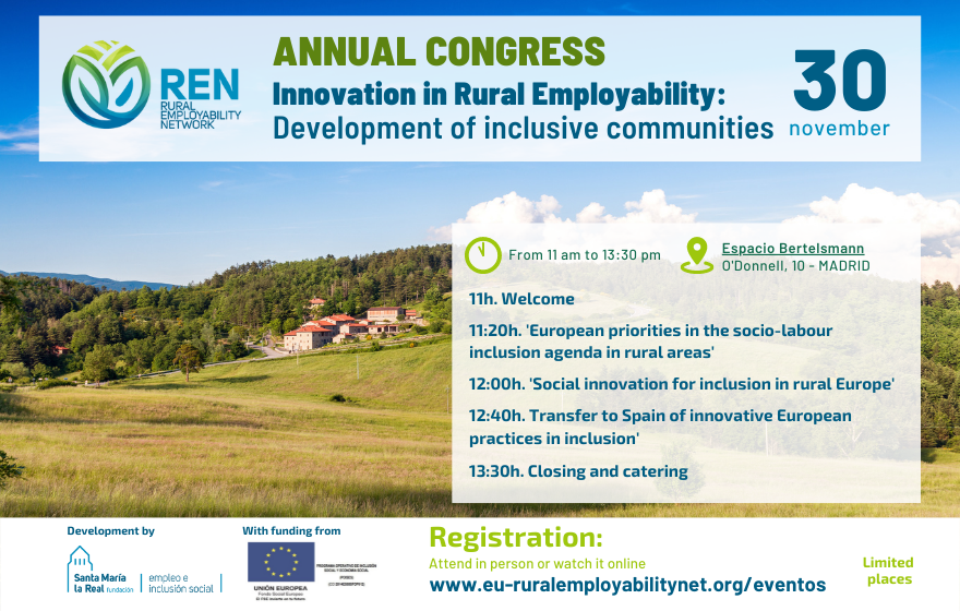 AreaEmpleoFSMLR's tweet photo. 🗓️ AGENDA #RuralEmployabilityNetwork #CONGRESS📌‘Innovation in #RuralEmployability: Development of inclusive communities’
🗓 November 30
🕚 11-1:30 p.m.
📍#Madrid
Registration: https://t.co/AWEbzDZ73A
Download AGENDA 👉 https://t.co/U0WIXdXem0 https://t.co/CKQP9W4xMF