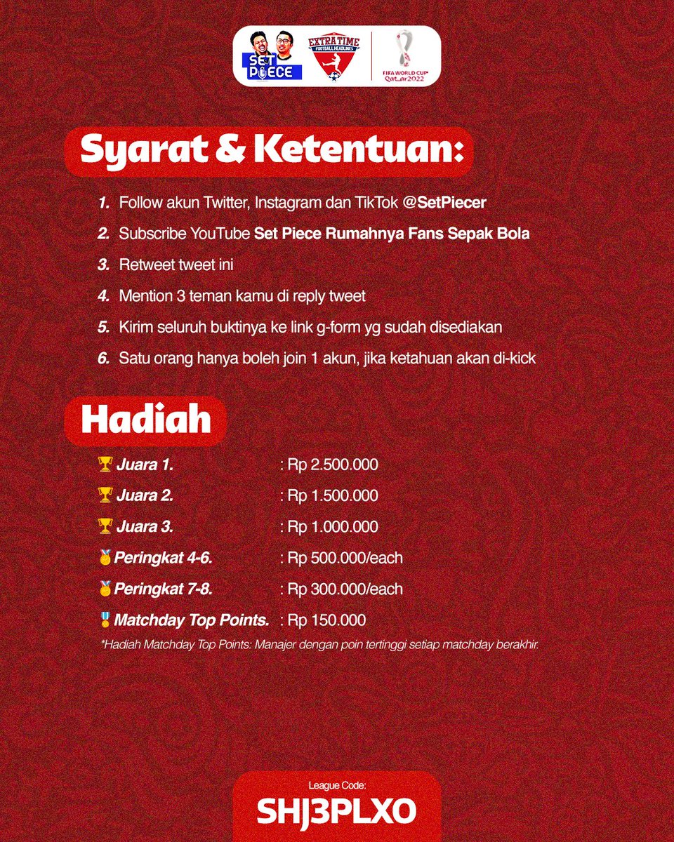 🚨SET PIECE X ID EXTRA TIME🚨
Hadiah lebih dari Rp 8 Juta!

Syarat:
• Follow:
instagram.com/setpiecer
x.com/SetPiecer
tiktok.com/@setpiecer
• Subs YT: bit.ly/Setpiece
• RT Tweet ini
• Mention 3 temanmu
• Isi Form bit.ly/FantasyWorldCu…

Gas! #SetPieceFWC