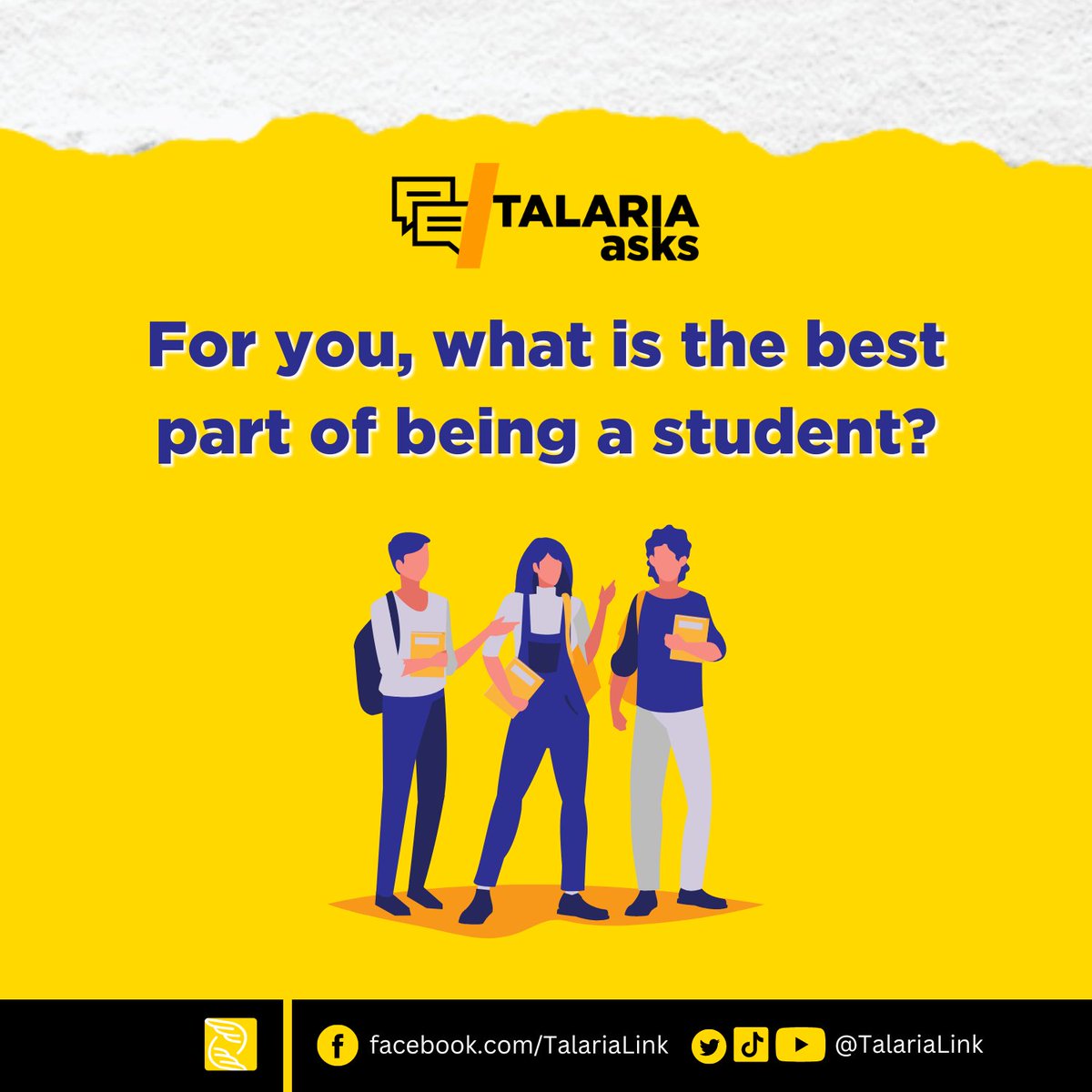TalariaLink's tweet photo. Talaria Asks

As students, the journey of learning may be tough and tiring but memories are made along the way.

So we ask you, what is the best part of being a student?

Share to us your experiences as a student!

#TalariaLinkDigital
#WingedStories
#DigitalJournalism https://t.co/6wApo9jgGo