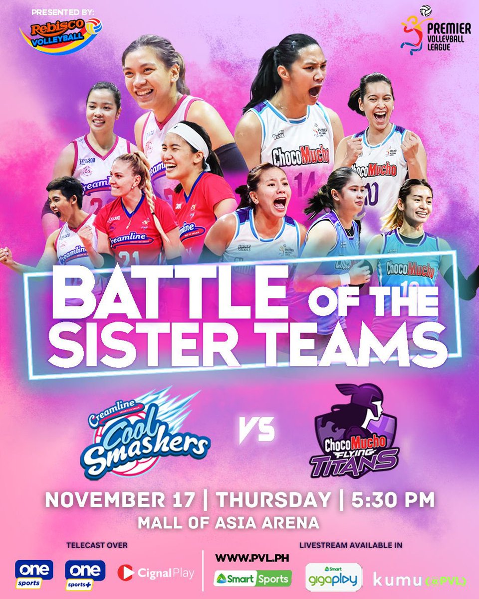 The wait is over! The “Battle of the Sister Teams” is finally here! 

Catch intense volleyball action at the Mall of Asia Arena, November 17 (5:30PM) as our two teams battle it out for the crucial win. 

#RebiscoVolleyballPH
#ChocoMucho
#TitanPride