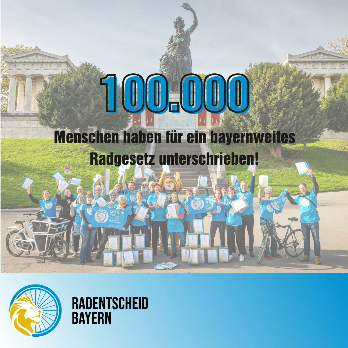 100.000 Unterschriften: 4-mal so viele, wie benötigt und das in nur 4 Monaten!

Die Resonanz des Radentscheid Bayern spricht für sich. DANKE an alle, die mit ihrer Stimme dahinter stehen: gemeinsam ermöglichen wir eine echte Radverkehrsförderung in Bayern.

#radentscheidBY