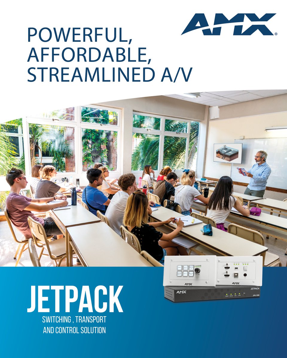 AMX Jetpack is an incredibly affordable switching, transport, and control solution for classrooms and small-to-medium meeting spaces that provides simple to operate room controls, multiple video inputs, and enables voice lift for clear communication with everyone in the space.