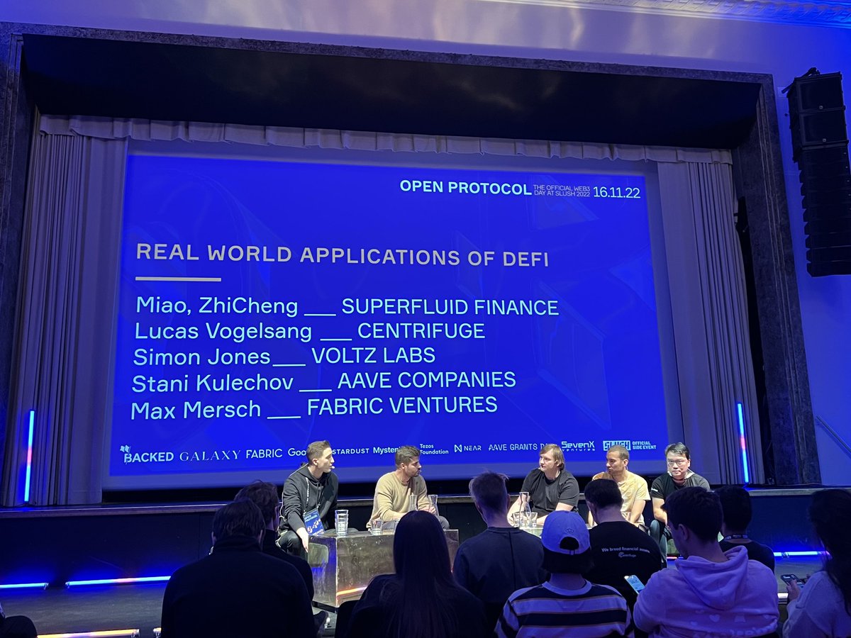 Panel on bringing real world assets to DeFi at #OPSlush22 

Featuring:
<a href="/StaniKulechov/">Stani.eth</a> // @AaveAave 
<a href="/0xSimonJones/">Simon</a> // <a href="/voltz_xyz/">Voltz Dev</a> 
<a href="/lucasvo/">lucasvo ꩜</a> // <a href="/centrifuge/">Centrifuge</a> 
Miao // <a href="/Superfluid_HQ/">superfluid.eth</a>