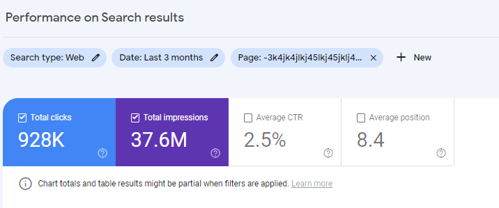 I found something weird in the GSC Performance Report. In the 2 screenshots you can see:
- 3 months unfiltered data (896k clicks)
- 3 months filtered data by "page URLs don't contain 3k4jk4jlkj45lkj45jklj4kl5j" (928k clicks)
Someone can help me to understand?
<a href="/googlesearchc/">Google Search Central</a> 
#seo