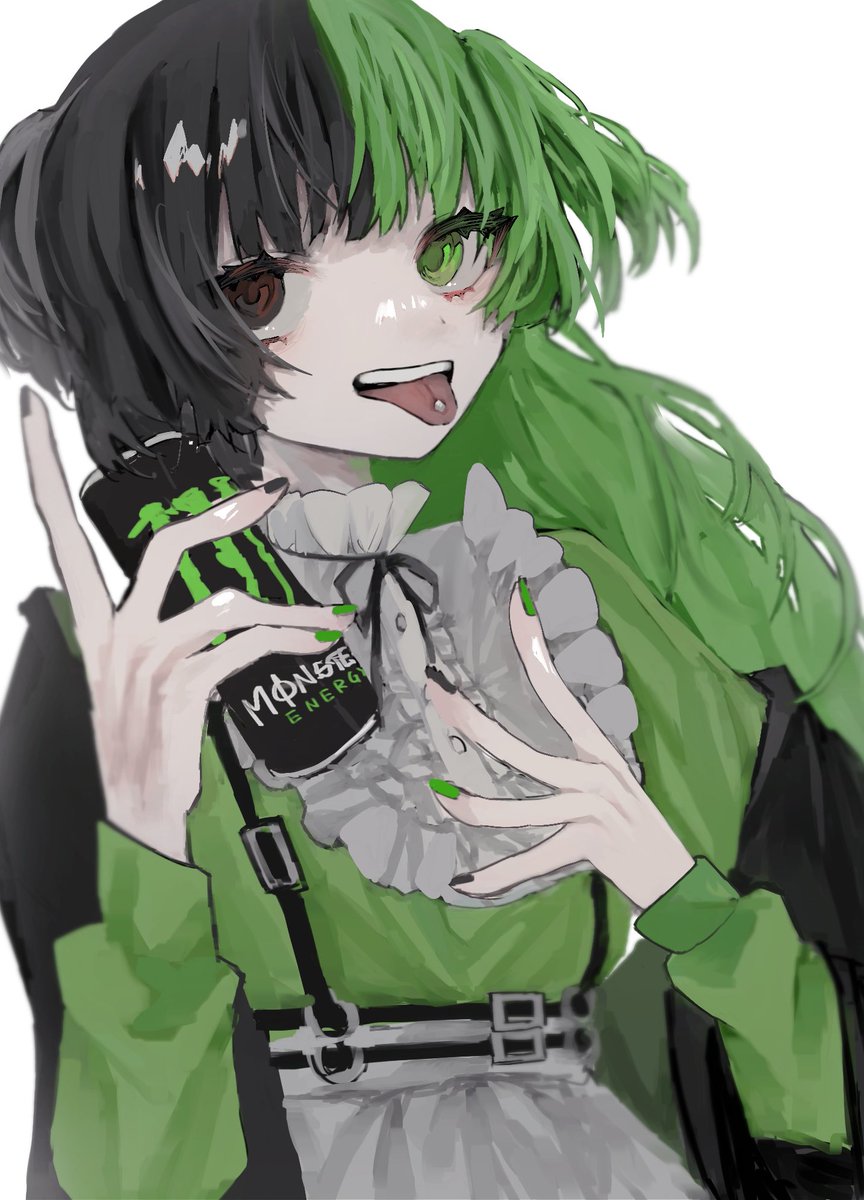1girl monster energy tongue green nails solo black hair green hair  illustration images