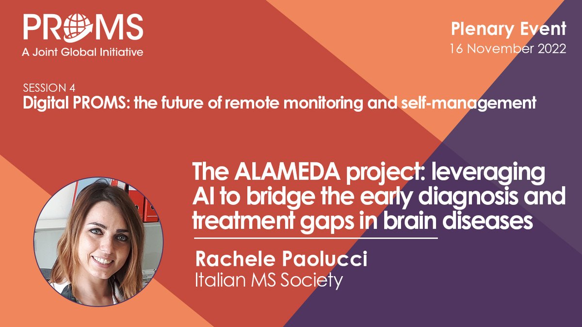 alameda_project's tweet photo. Today our Engagement Coordination Team Co-Chair Rachele Paolucci (@aism_nazionale) brings #ALAMEDA on stage at #PROMS2022 as a case study of collection & measurement of #PatientReportedOutcomes to help develop the #AI toolkit to predict relapse risk in #MS.
Still time to join!⬇️ https://t.co/vr1q89bLUL