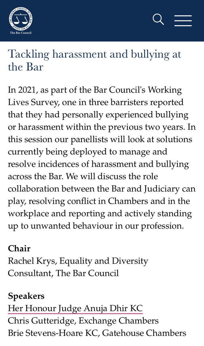 🗓 Next Saturday, 26th Nov, I have the  honour of speaking at <a href="/thebarcouncil/">The Bar Council</a> Annual Conference #barconf on Tackling Bullying and Harassment alongside the formidable @BrieWhatC and HHJ Dhir KC

Full programme and booking details here: barcouncil.org.uk/training-event…
1/2