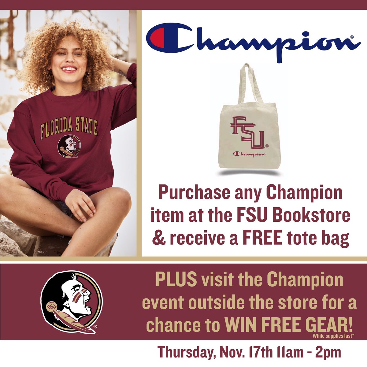 Come to the Student Union Plaza on Thursday 11/17 from 11-2 for free gear and giveaways! 🏈🎉
