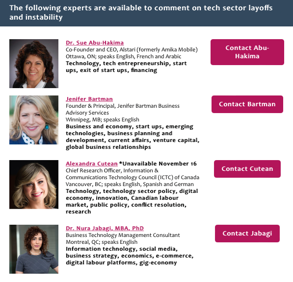 InformedOps's tweet photo. Hey #CdnMedia, we have experts who're available to comment on #TechSector #layoffs and instability:
Dr. Sue Abu-Hakima (@SuhaAlert)
Jenifer Bartman (@JeniferInc)
Alexandra Cutean @ICTC_CTIC
Dr. Nura Jabagi
Contact them here: https://t.co/wWbGJKgPiI
#DiversifyYourSources https://t.co/VOtf9ICgu9