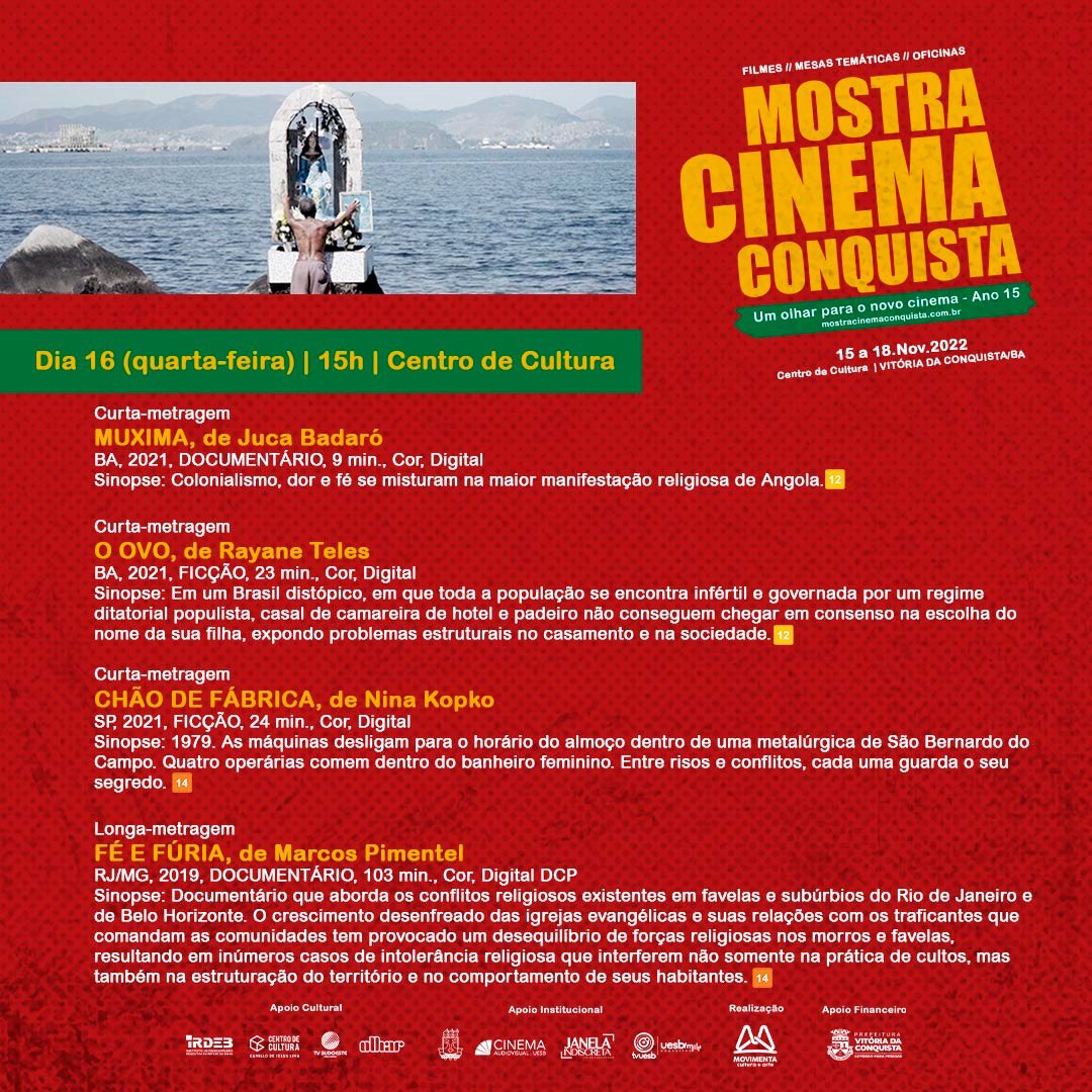 MostraConquista's tweet photo. Olha só nossa programação paras as sessões (15h, 18h e 20h) de hoje.
E aí, vamos?
Mais informações disponíveis no link da nossa bio.
#MostraCinemaConquista https://t.co/k7tfQCdbmq