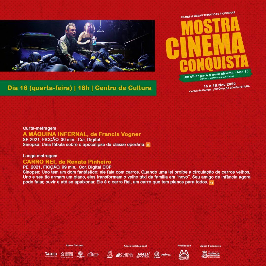 MostraConquista's tweet photo. Olha só nossa programação paras as sessões (15h, 18h e 20h) de hoje.
E aí, vamos?
Mais informações disponíveis no link da nossa bio.
#MostraCinemaConquista https://t.co/k7tfQCdbmq