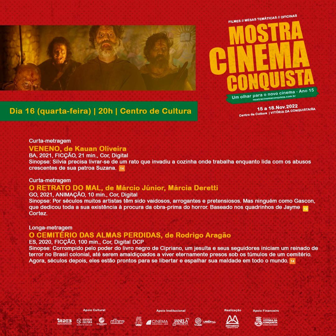 MostraConquista's tweet photo. Olha só nossa programação paras as sessões (15h, 18h e 20h) de hoje.
E aí, vamos?
Mais informações disponíveis no link da nossa bio.
#MostraCinemaConquista https://t.co/k7tfQCdbmq